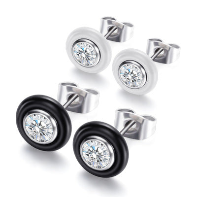 Titanium Steel Black and White Ceramic Stud Earrings