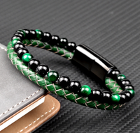 Multi-Layer Beaded Green Tiger Eye Leather Bracelet
