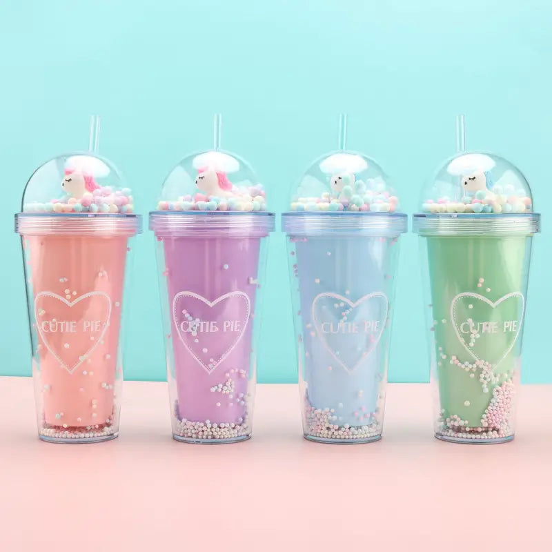 Kawaii Double Wall Tumbler with Lid and Straw, 380ml